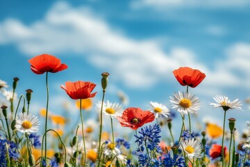 Obraz premium Beautiful summer fields with blooming poppies and green grass, calm atmosphere, sunny day