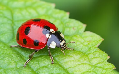 Fototapeta premium A vibrant ladybug rests on a green leaf, showcasing its distinctive red shell adorned with black spots in a natural setting.