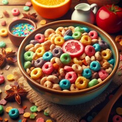 Ceramic bowl filled with vibrant breakfast cereal, capturing a fun and nutritious start