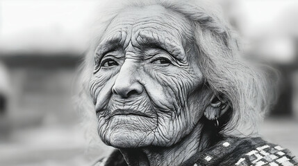 Close-up portrait of an elderly woman looking up with a thoughtful expression. Her face is lined with wrinkles, and her hair is white.