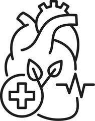 Healthy heart and cardiology medicine line icon. Cardiovascular system healthcare linear icon, medicine checkup or test, cardiology disease treatment thin line vector pictogram with human heart