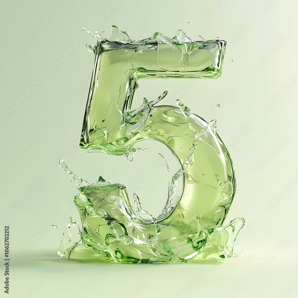 Poster a refreshing green liquid forms the number 5 with splashes and droplets.