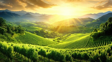 Fototapeta premium Golden Sunrise Over Lush Green Vineyard Landscape