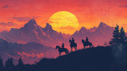 Naklejka premium A classic Western movie poster featuring silhouettes of a cowboy, sheriff, and outlaw riding a horse through mountains at sunset or sunrise. The poster is designed in a vertical style.