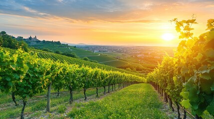 Naklejka premium Serene Sunset Over Lush Vineyard Landscape