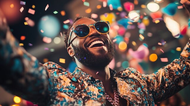 A joyful man celebrates with confetti raining down on him. He is wearing sunglasses, a patterned shirt, and has a big smile on his face.