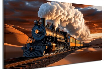 Vintage-style poster of a steam train, with sepia tones and dramatic steam clouds, creating a classic travel aesthetic