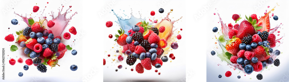Poster A white background with colorful splashes of liquid surrounding a collection of various berries.