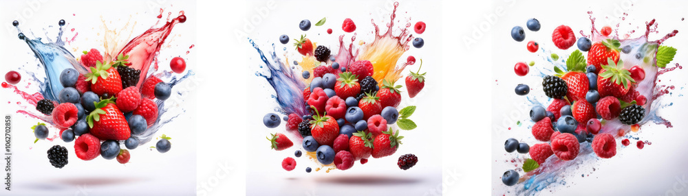 Poster three images of colorful berry splashes with white background.