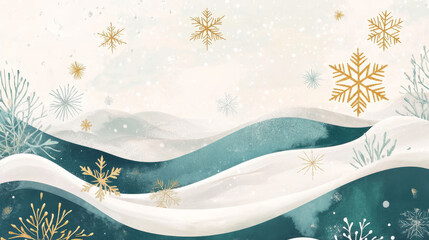 A charming winter scene with gold snowflakes falling against a snowy backdrop. The illustration features delicate ice shapes and a swirling snowfall in shades of white, teal, and blue.