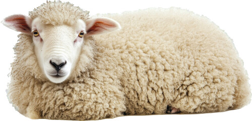 Sheep resting on a transparent background, close-up view. Agriculture and animal husbandry concept