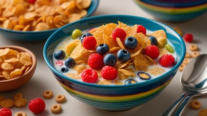 Ceramic bowl filled with vibrant breakfast cereal, capturing a fun and nutritious start