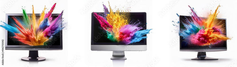Poster three computer monitors display vibrant splashes of color bursting from the screen.