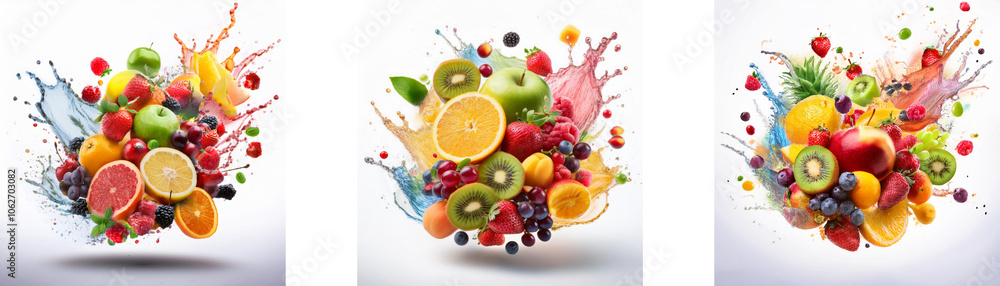 Poster three colorful compositions of various fruits with vibrant splashes and splatters of juice.