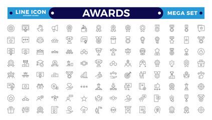 Awards and Bonuses outline icons set. Vector illustration in modern thin line style of icons, such as Cups, Awards, Medals, Diplomas, Champion, Number One, and Winner. Editable stroke outline icon.