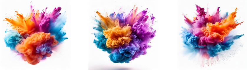 Fototapeta premium Three colorful powder explosions on a white background.