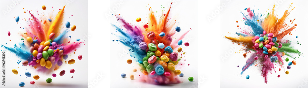 Poster three colorful explosions of paint and colorful candy on a white background.