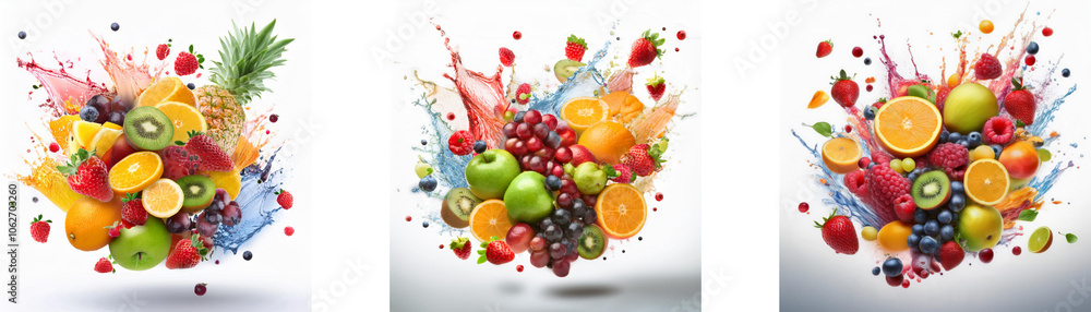 Poster three images of colorful fruit with vibrant splashes of liquid.