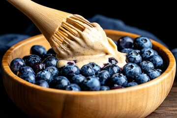 Whisking pancake batter with blueberries, with fresh berries and smooth batter creating a delicious breakfast mix