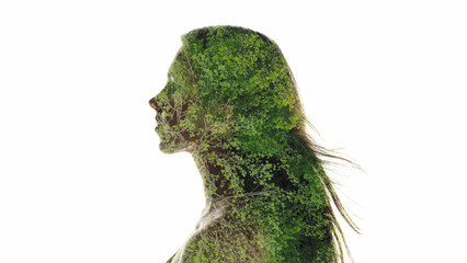 Ecology portrait. Sensual nature. Green trees in woman silhouette double exposure isolated on white...