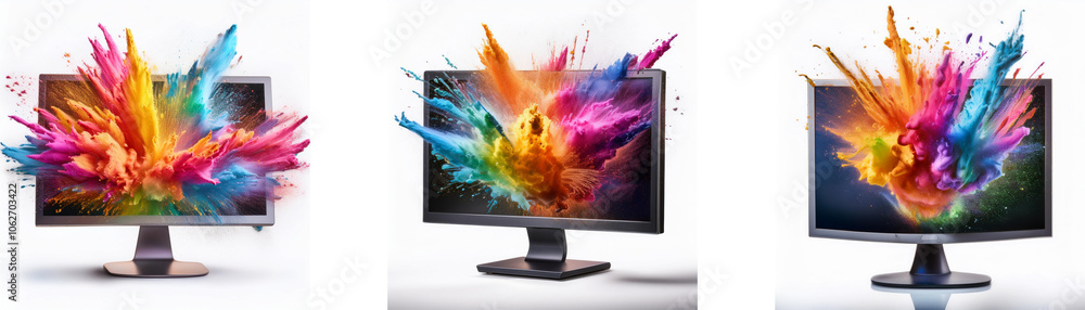 Poster Three monitors with colorful paint explosions coming from the screen
