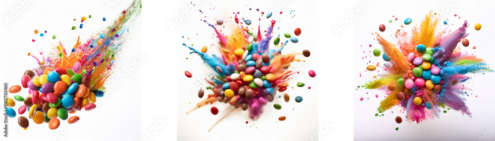 Aufkleber A colorful abstract image with colorful candy and paint splatter in three variations.