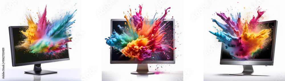 Poster three computer monitors with vibrant color explosions bursting out of the screens.