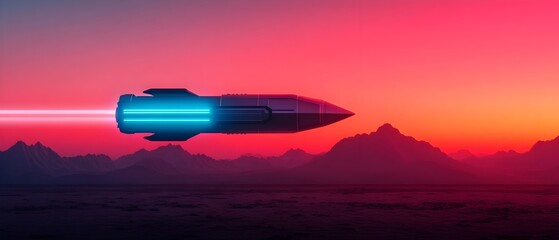 Naklejka premium Stunning of a sleek futuristic spaceship silhouetted against a vibrant fiery sunset sky hovering over a dramatic alien mountainous landscape in the distance This surreal