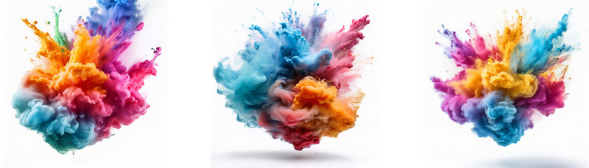 Obraz premium Three colorful clouds of ink exploding against a white background.