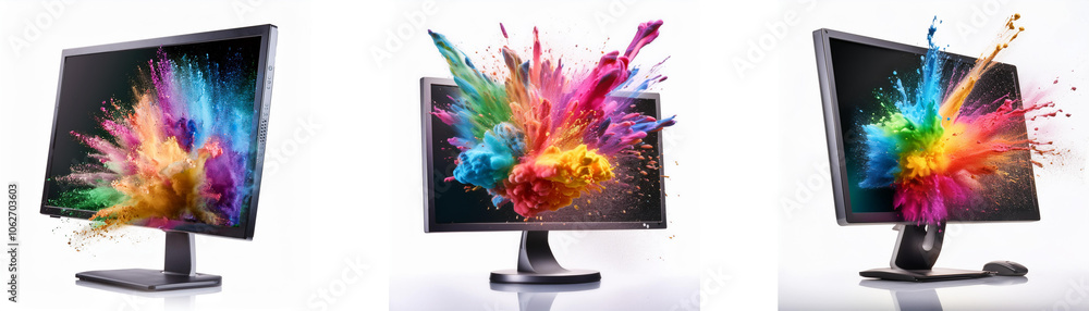 Fototapete Three computer monitors with vivid color splashes bursting from the screens.