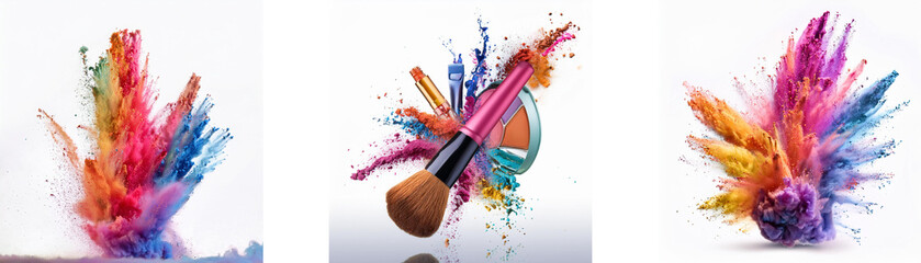 A trio of colorful powder explosions on white backdrop, one with makeup brush and compact.