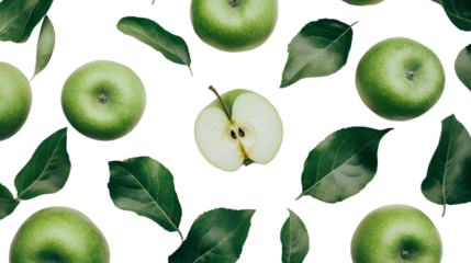 Green apples and leaves pattern on transparent background. Nature and health concept