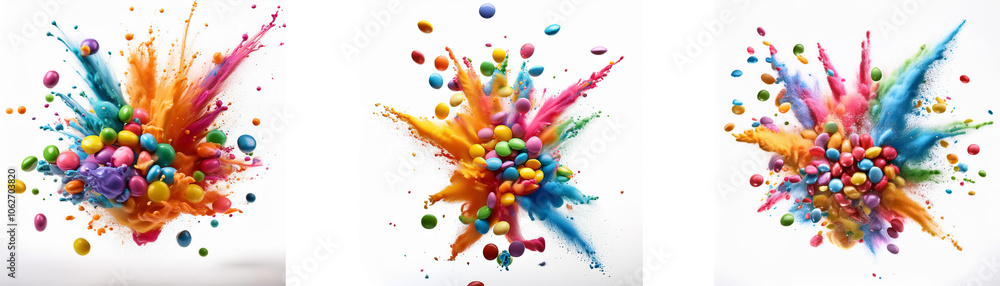 Aufkleber Three colorful paint splashes with round objects in the middle of each.