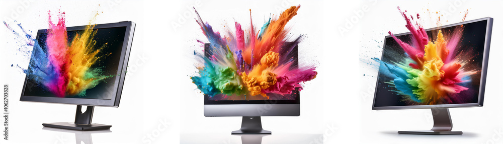 Fototapete three computer monitors with colorful explosions of paint emanating from the screens.