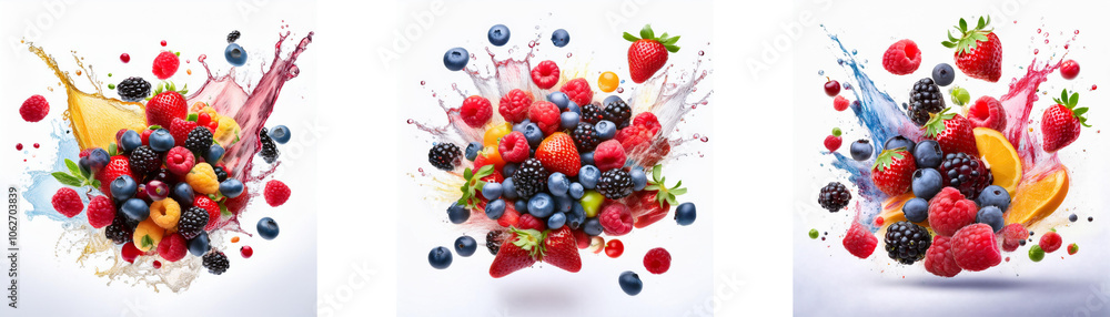 Poster three images of various fresh berries and splashes of colorful liquids on a white background.