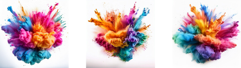 Three colorful powder explosions on a white background.