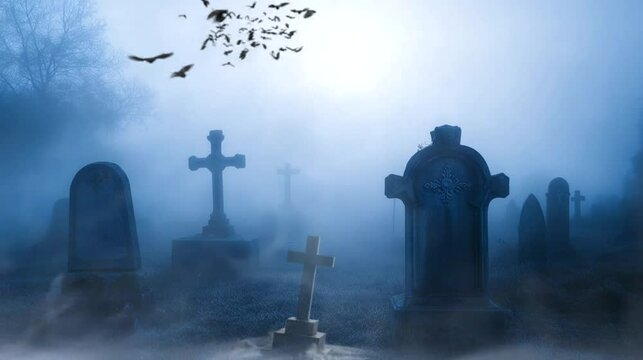 A fog-covered graveyard on Halloween night. seamless looping time-lapse virtual 4k video animation background