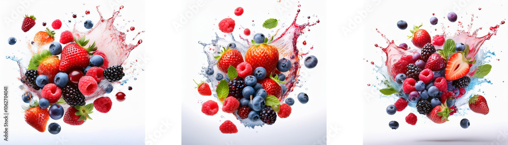 Aufkleber A white background with three clusters of colorful berries and fruit with splashes of pink and blue liquid.