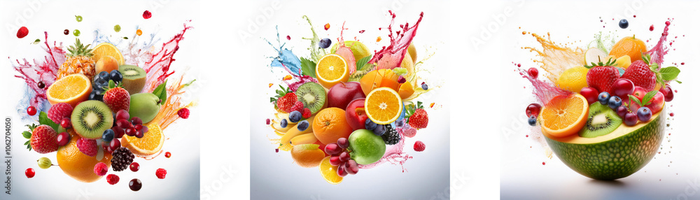 Poster Three compositions of fruit with splashes of juice.