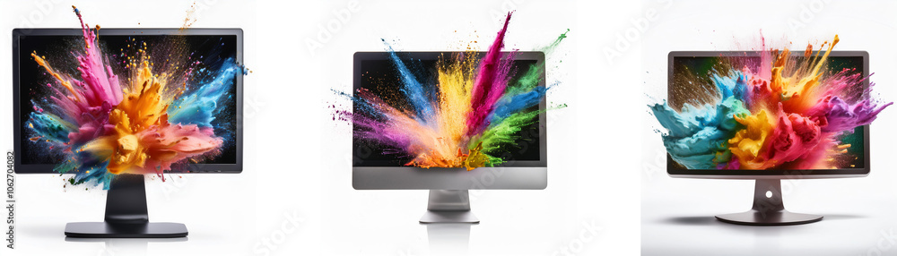 Poster three computer monitors with colorful paint explosions on their screens.