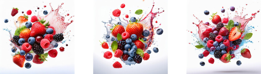 A white background with three clusters of colorful berries and fruit with splashes of pink and blue liquid.
