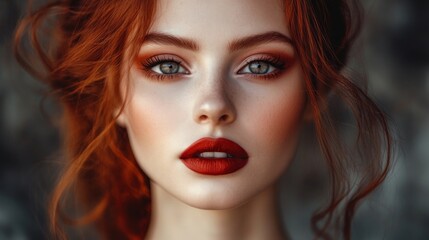 Fototapeta premium A close-up portrait of a beautiful young woman with red hair and bright red lipstick.