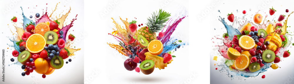 Poster three colorful fruit arrangements with splatter of liquid.