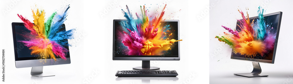Poster three desktop computers with colorful splashes bursting from their screens.