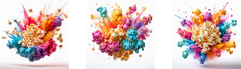 Obraz premium Three colorful explosions of popcorn on a white background.