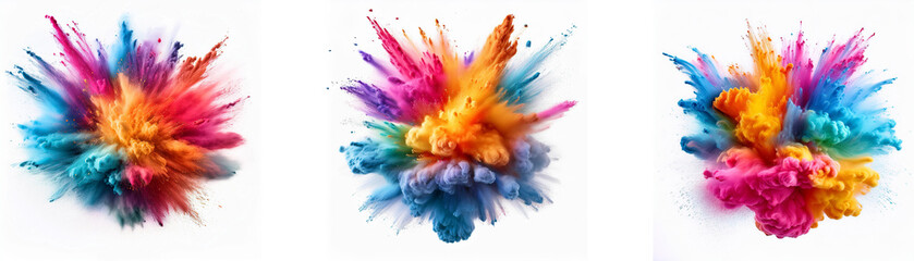 Three colorful powder explosions on a white background.