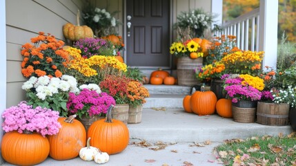 A front porch decorated with pumpkins and fall flowers.