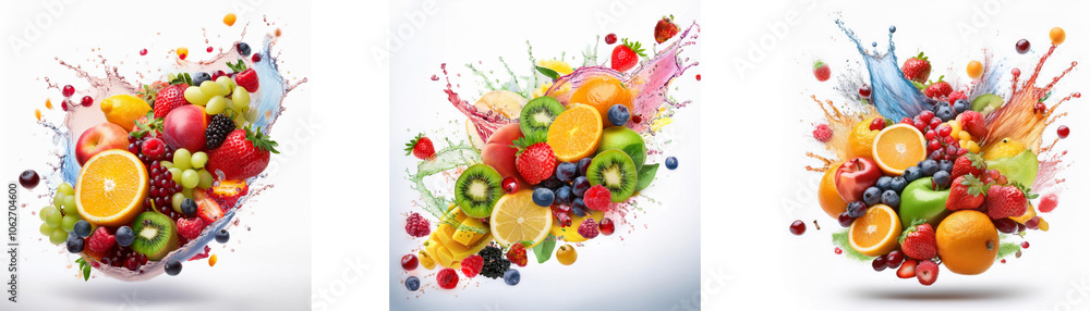 Poster three colorful fruit arrangements with splashes of vibrant juice.
