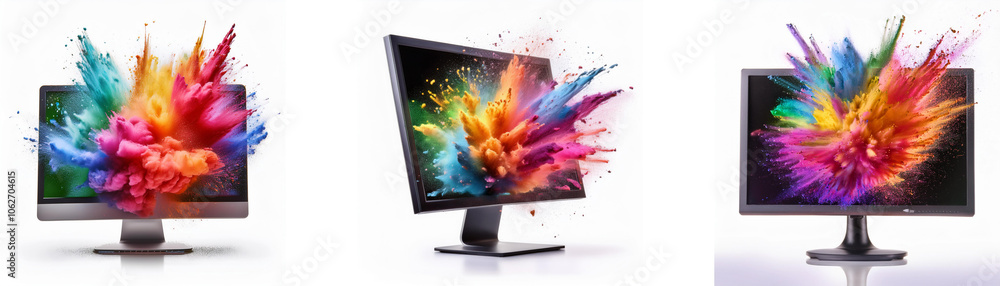 Poster three computer monitors with colorful explosions emerging from their screens, representing vibrant v