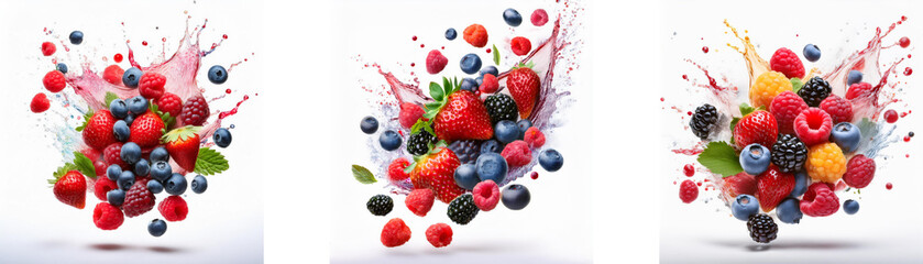 Obraz premium A collage of three images each featuring a variety of fresh berries and fruits, with a splash of juice.
